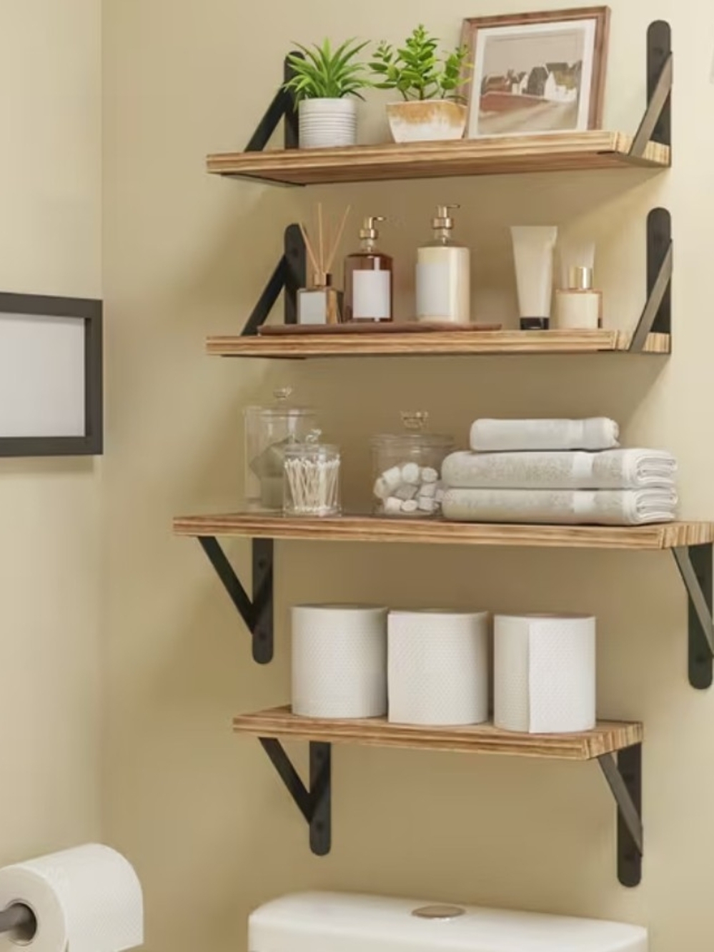 IKEA Cream Wood Wall Shelves with Black Metal Brackets